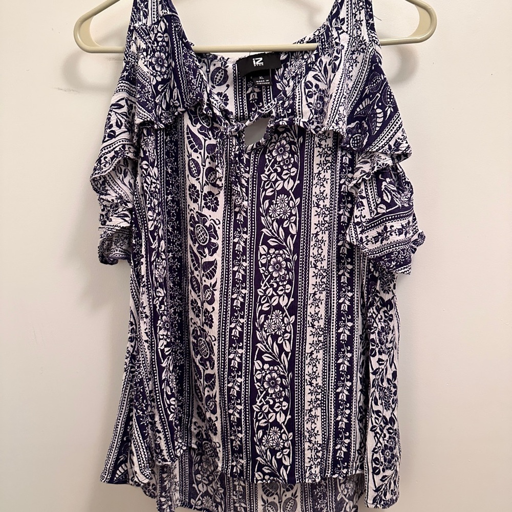 Iz Byer Navy and White Floral Cold Shoulder Blouse